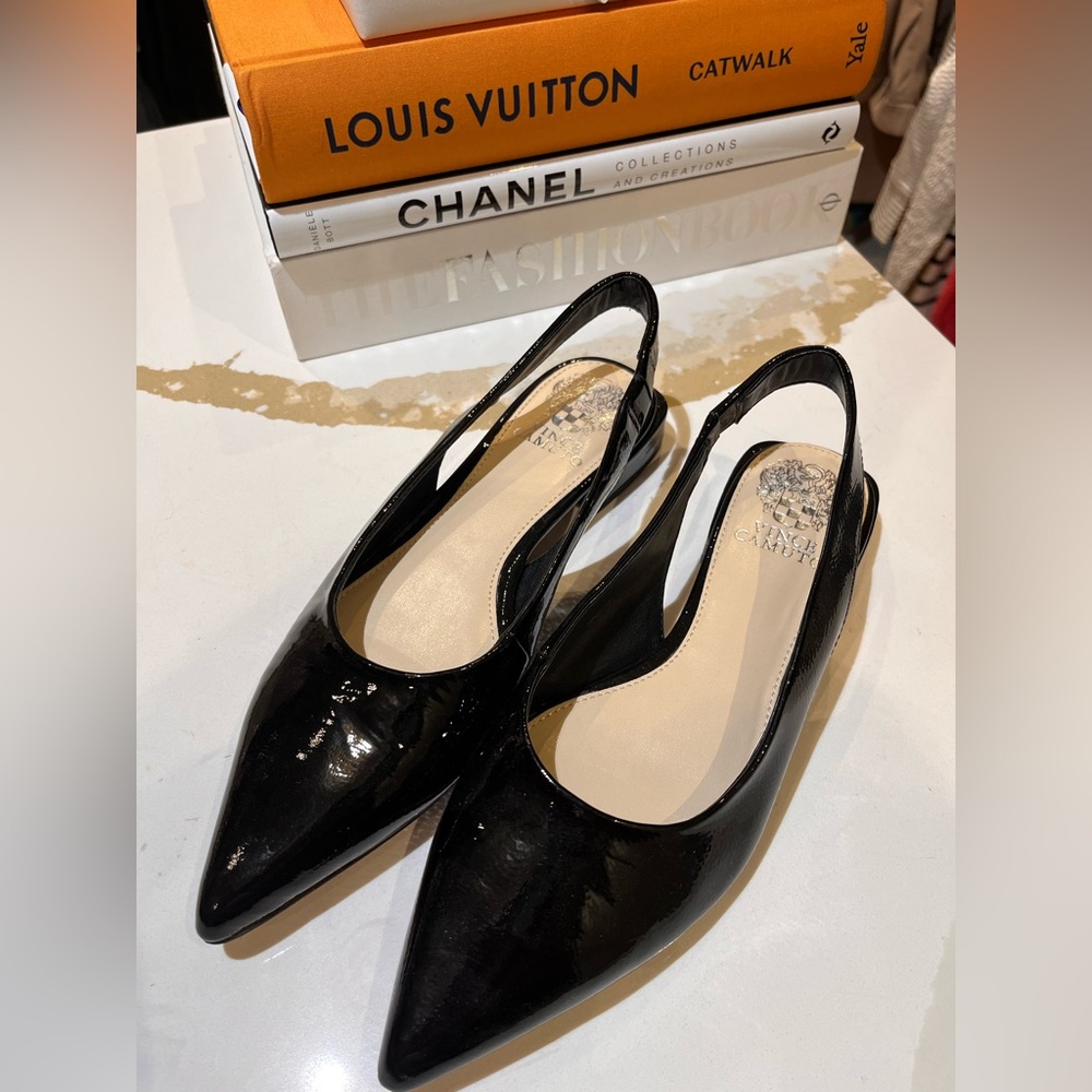 Vince Camuto Black Patent Leather Pointed Slingback Flats